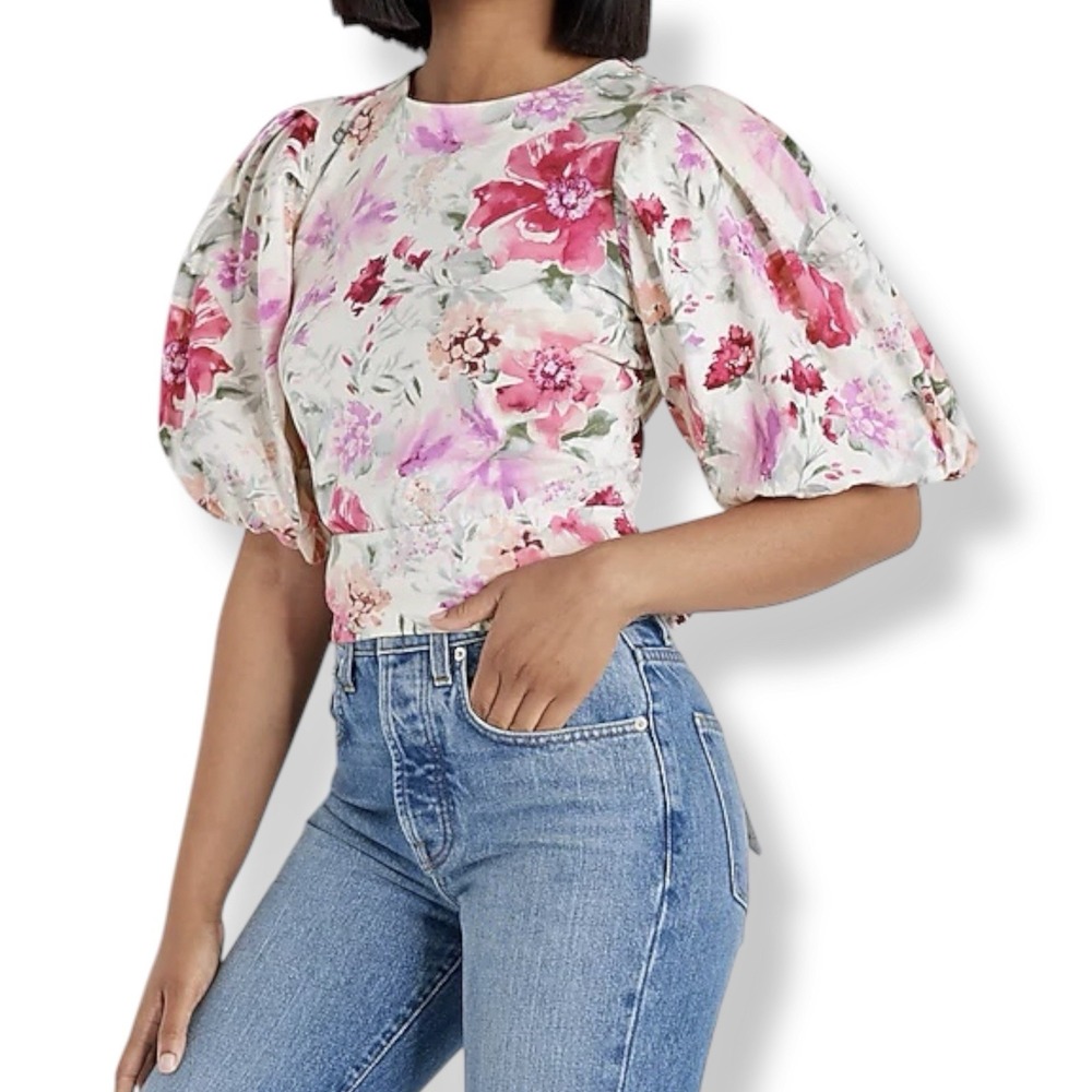 NWT Express‎ Floral Puff Sleeve Knit Top Size XS Peasant Boho Crop Tie Back